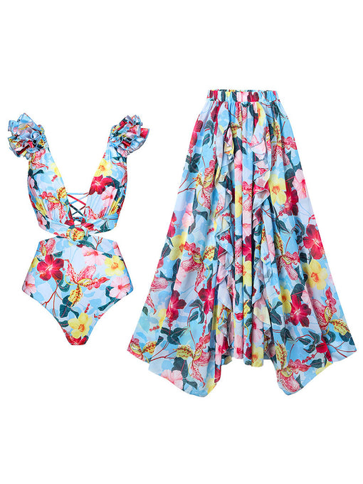 Blue Flower Print Ruffles One Piece With Bathing Suit Wrap Skirt