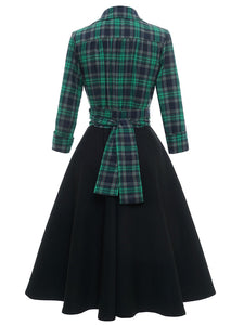 Green Plaid 3/4 Sleeve Fake Two Piece Style 1950S Vintage Dress