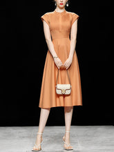 Load image into Gallery viewer, Orange Pleated Cap Sleeve Audrey Hepburn Style 50S Dress