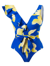 Load image into Gallery viewer, Blue Floral Print Ruffles Strap One Piece With Bathing Suit Wrap Skirt