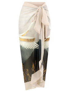 Cranes Bird Print Retro Style V Neck One Piece With Bathing Suit Wrap Skirt