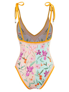 Floral Print Retro Style V Neck One Piece With Bathing Suit Wrap Skirt