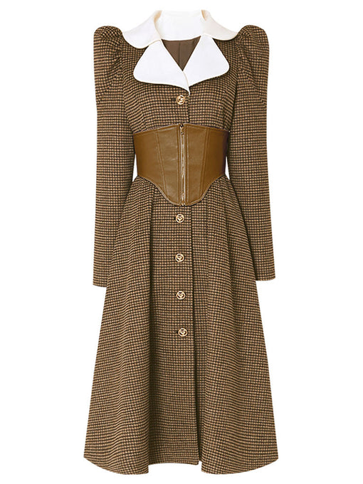 Brown Houndstooth Women's Winter Coat Long Sleeve Petal Collar With Corset