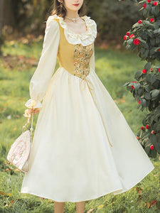 Yellow Square Neck Ruffle Corset Vintage Fairy Dress