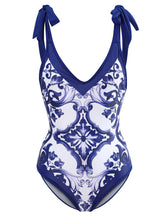 Load image into Gallery viewer, Blue And White Porcelain Retro Style V Neck One Piece With Bathing Suit Wrap Skirt