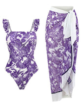 Load image into Gallery viewer, Floral Print Retro Style Strap One Piece With Bathing Suit Wrap Skirt