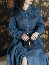 Load image into Gallery viewer, Denim Lapel Long Sleeve 1950S Swing Vintage Dress