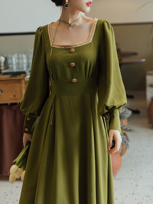 Green Embroidered Square Collar Puff Long Sleeve 1950S Dress