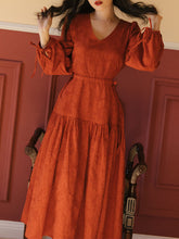 Load image into Gallery viewer, Orange V Neck Relief Jacquard Long Sleeve Vintage Dress