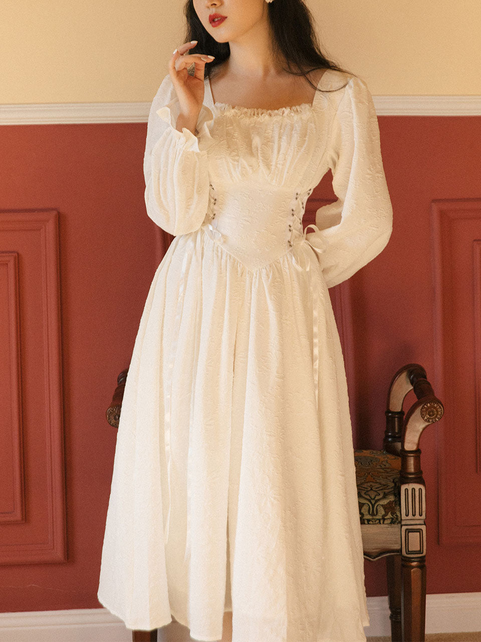 White Ruffles Jacquard Long Sleeve Waist Strap Vintage 1950S Victoria's Fairy Dress, White / L White Ruffles Jacquard Long Sleeve Waist Strap Vintage 1950S Victoria's Fairy Dress, White / L