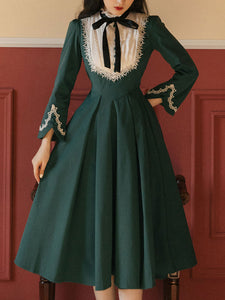 Dark Green Long Sleeve Ruffles Evdwardian Revival Dress