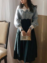 Load image into Gallery viewer, 1950S Vintage Peter Pan Puffed Sleeve Shirt And Striped Jacquard Swing Skirt Set