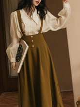 Load image into Gallery viewer, 2PS Apricot Long Sleeve Blouse And ArmyGreen Pockets Swing Strap Skirt Dresss Set