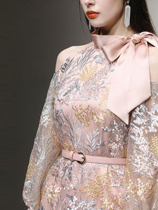 Pink Bowknot Cold Shoulder Lace Vintage Dress