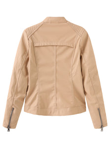 Women‘s Pu Leather Jacket Stand Collar Long Sleeve Coat