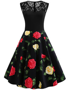 Black Lace Rose Print Swing 1950S Vintage Dress