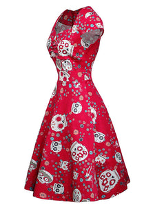 Halloween Red Skull Printed V Neck Vintage Dress