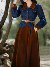 Load image into Gallery viewer, 2PS Denim Coat With Brown Velvet Swing Skirt 1950S Vintage Audrey Hepburn&#39;s Style Outfits
