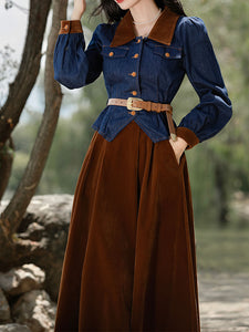 2PS Denim Coat With Brown Velvet Swing Skirt 1950S Vintage Audrey Hepburn's Style Outfits