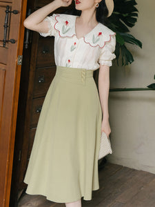 2PS Green Peter Pan Collar Lace Tulip Embroidered Shirt And Swing Skirt Dress Set