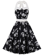 Load image into Gallery viewer, Light Blue Floral Print Halter High Waist 1950 Vintage Dress