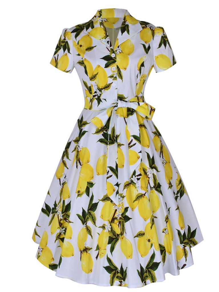 1960S Lemon Print Swing Dress With Belt Yellow / L 1960S Lemon Print Swing Dress With Belt Yellow / L