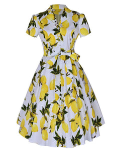 1960S Lemon Print Swing Dress With Belt