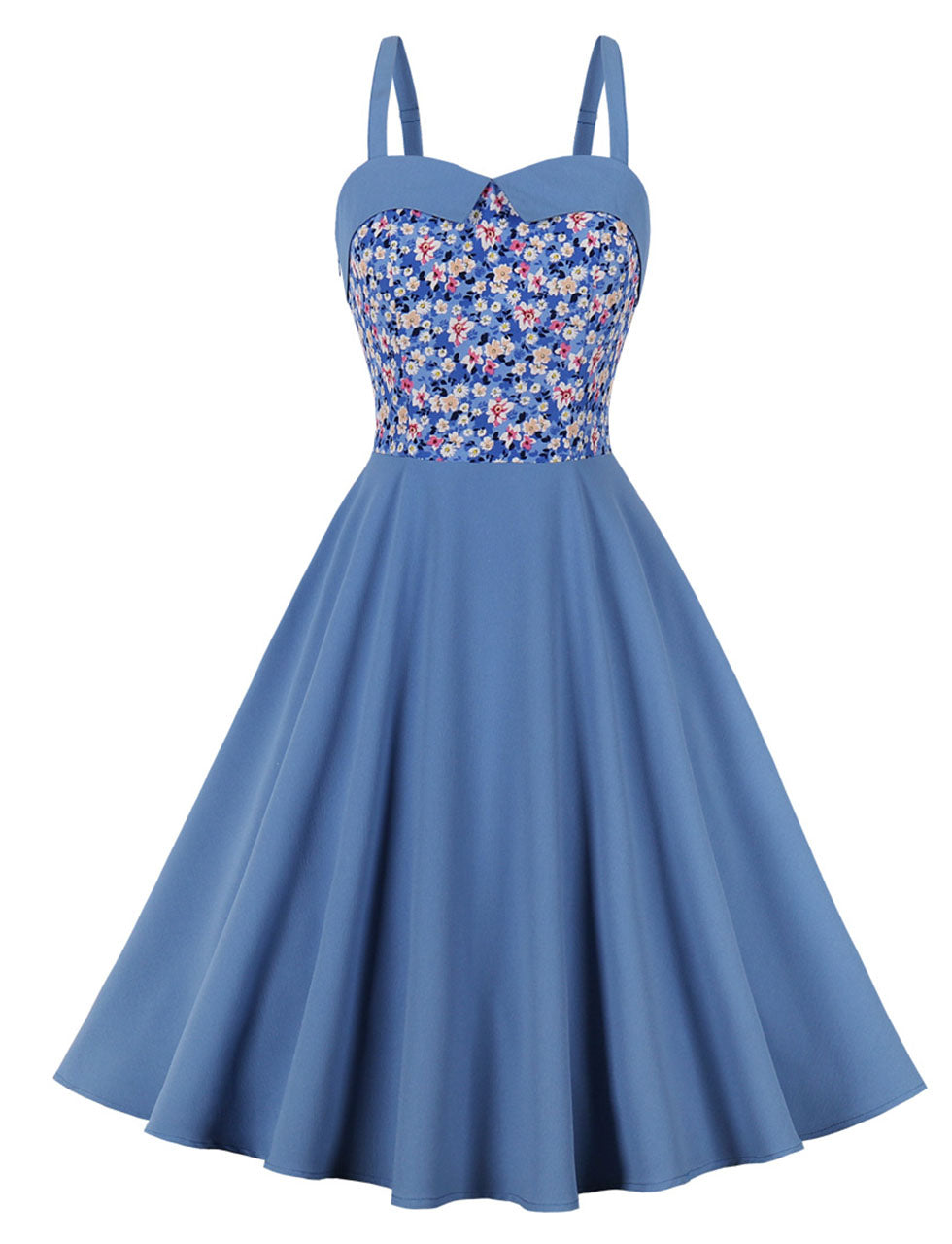 Blue Floral Print Spaghetti Strap Elastic Back High Waist 1950 Vintage Dress