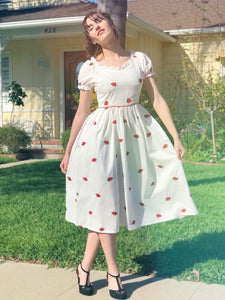 Strawberry Embroidered Puff Sleeve Vintage Cotton Dress, White / L