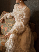 Load image into Gallery viewer, Champagne Ruffles Puff Sleeve Lace Vintage Victorian Dress