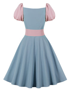 Blue And Pink Puff Sleeve 1950S Vintage Party Dress With Fake Corset