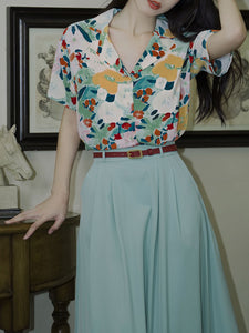 2PS Blue Flowers Print Shirt And Swing Skirt Dress Set