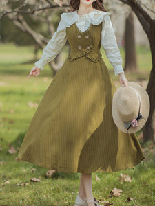 White Embroidered Doll Lapel And Mustard Green Vest Corset Suspender Dress Suit