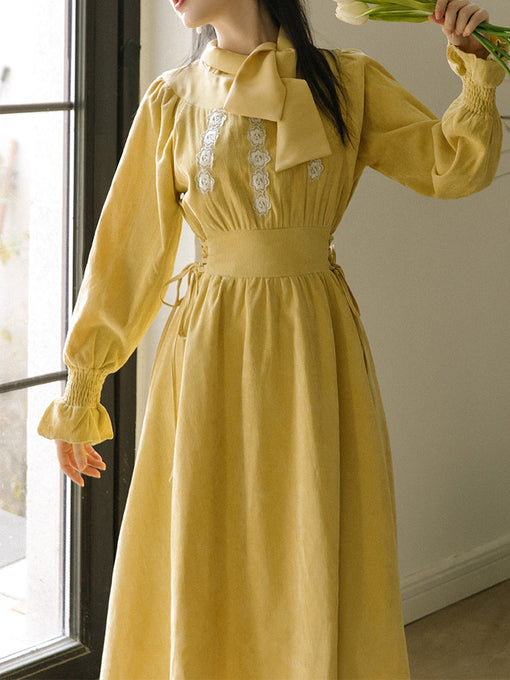 Yellow Scarf Collar Daisy Corduroy Vintage Dress