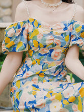 Load image into Gallery viewer, Yellow And Blue Floral Print Off Shoulder 1950S Dress