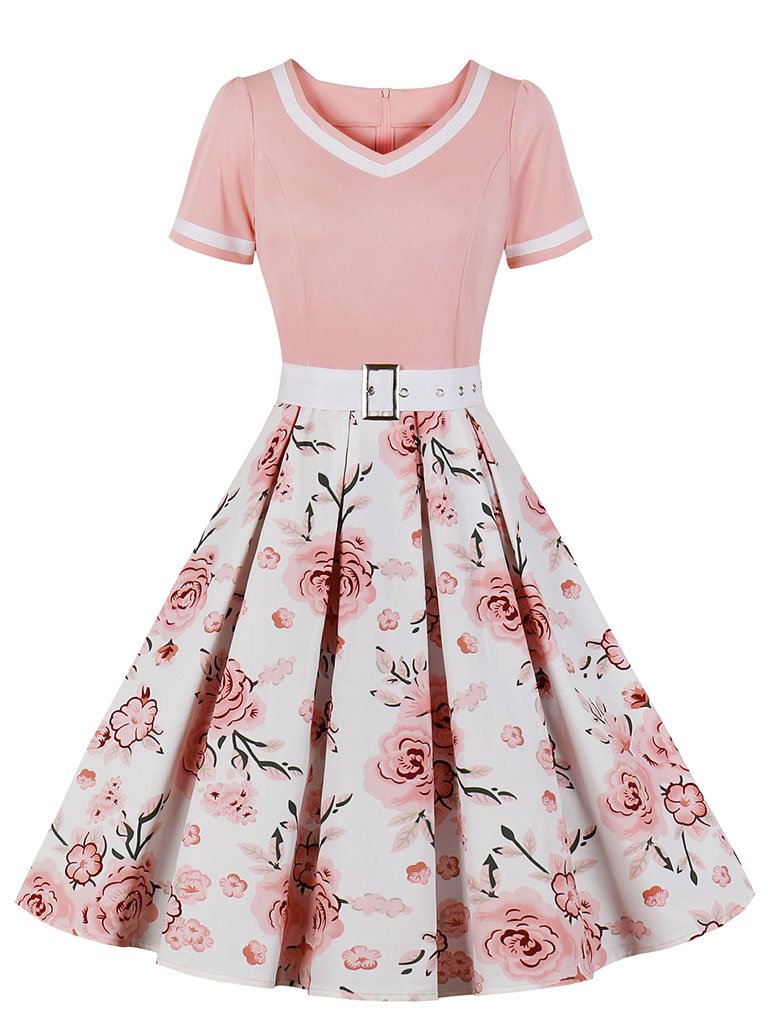 50's pink dress Pink Sweet Heart Collar 1950S Vintage Floral Swing Dress, Pink / XL