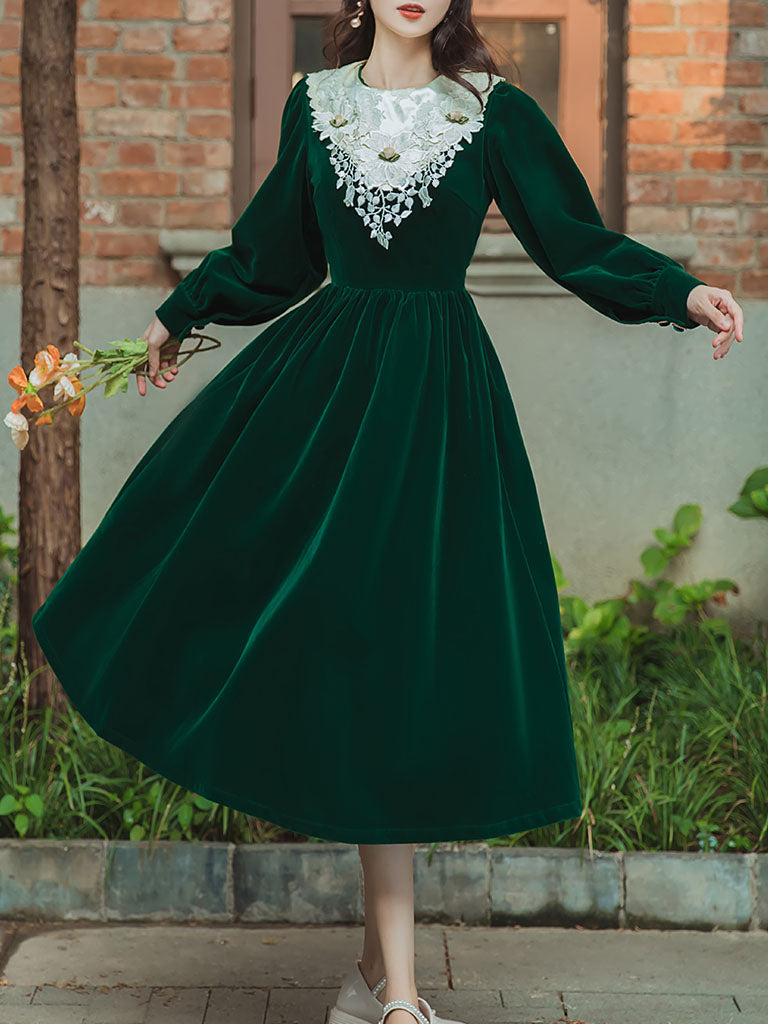 Emerald Green Flower Lace Velvet Long Sleeve Vintage Dress – Jolly