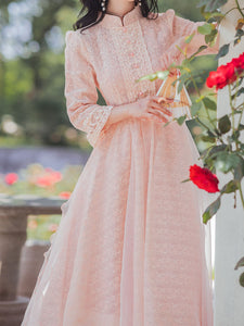 Pink Embroidered Puff Long Sleeve Edwardian Revival Dress