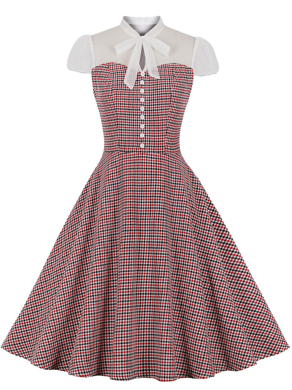 White Bowknot Collar Semi-Sheer Plaid 1950S Vintage Dress