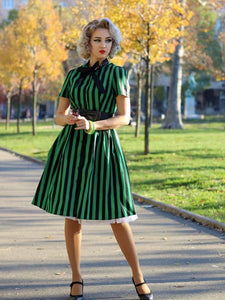 Green and Black Stripe With Pockets 50S Halloween Dress, Green / M Green and Black Stripe With Pockets 50S Halloween Dress, Green / M