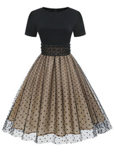 Load image into Gallery viewer, Black Crew Neck Polka Dots Embroidered Short Sleeve 50S Swing Dress