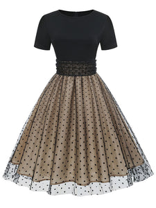 Black Crew Neck Polka Dots Embroidered Short Sleeve 50S Swing Dress