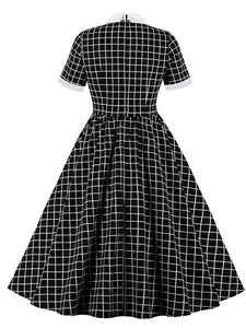 Black Plaid PeterPan Collar Short Sleeve High Waist Vintage Cotton 1950S Dress