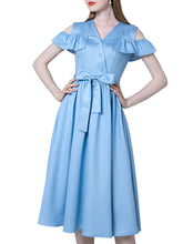 Load image into Gallery viewer, Baby Blue V Neck Cut Out Shoulder Ruffles 1950S SwingVintage Dress