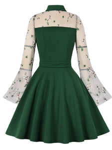 Dark Green Turn Down Flower Embroidered Semi-Sheer 1950S Vintage Dress