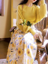 Load image into Gallery viewer, 3PS Yellow Vest And Shawl SunFlowers Print 1950S Vintage Dress Set