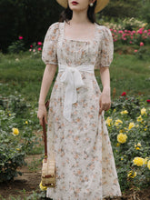 Load image into Gallery viewer, Floral Embroidered Lace Puffed Sleeve Chiffion Vintage Dress With Belt