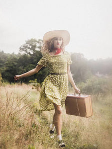 Green Daisy Puff Greenery Chiffon 1950S Vintage Dress