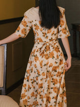 Load image into Gallery viewer, Orange Rose Print Off Shoulder Short Sleeves 50S Chiffon Dress