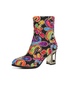 7CM Luxury Embroidered Chunky High Heel Platform Bootie Vintage Shoes